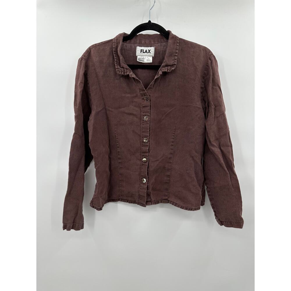 Flax 100% Linen Button Down Shirt Long Sleeve Brown Lagenlook Size Small